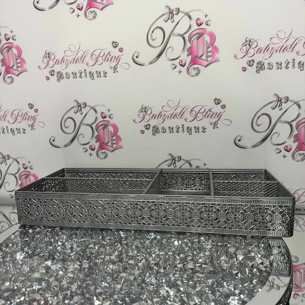 Tray organizer metal silver ornate luxe Elegant Silver Tray stunning home decor